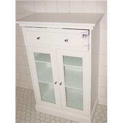 GLASS AND WOOD CABINET WHITE WITH CHROME KNOBS AND GLASS CABINET DOORS, BRASS 3 TIERED TABLE (2X)