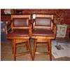 Image 1 : WOOD AND LEATHER BARSTOOLS CHOCOLATE COLORED LEATHER, CURVED ARMS, SWIVEL, BRASS KICK PLATE (2X)