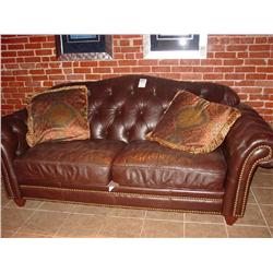 LEGACY LEATHER INTERNATIONAL LARGE TUFTED CHOCOLATE BROWN LEATHER COUCH ON WOODEN "ACORN" LEGS PLEAS
