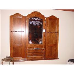 BRUNSWICK WALL HANGING WOODEN POOL CUE RACK WITH MIRRORS AND COAT HOOKS