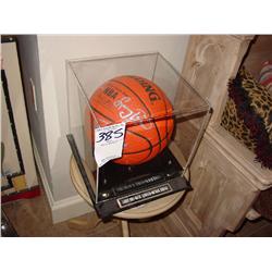 BASKETBALL SIGNED BY LARRY BIRD, MAGIC JOHNSON, AND MICHAEL JORDAN IN LUCITE CASE