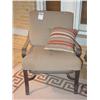 Image 1 : OUTDOOR UPHOLSTERED LOUNGE CHAIRS METAL FRAME IS BRONZE IN COLOR; TAN CUSHIONS WITH STRIPED PILLOWS 