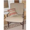 Image 2 : OUTDOOR UPHOLSTERED LOUNGE CHAIRS METAL FRAME IS BRONZE IN COLOR; TAN CUSHIONS WITH STRIPED PILLOWS 