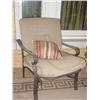 Image 3 : OUTDOOR UPHOLSTERED LOUNGE CHAIRS METAL FRAME IS BRONZE IN COLOR; TAN CUSHIONS WITH STRIPED PILLOWS 