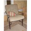 Image 4 : OUTDOOR UPHOLSTERED LOUNGE CHAIRS METAL FRAME IS BRONZE IN COLOR; TAN CUSHIONS WITH STRIPED PILLOWS 