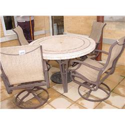 MARBLE TOP IS DIAMANTE TOSCANA, BASE IS MALLIN, FROM FLOWER CITY MARBLE TOP, METAL BASE OUTDOOR48"  