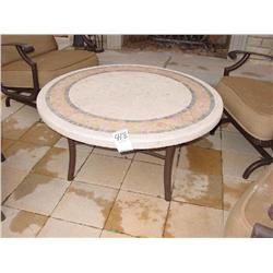 MARBLE TOP IS "DIAMANTE" TOSCANA, BASE MALLIN, FROM FLOWER CITY MARBLE TOP, METAL BASE COFFEE TABLE