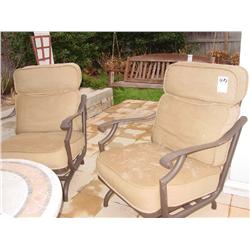 MALLIN FROM FLOWER CITY OUTDOOR UPHOLSTERED SWIVEL ARM CHAIRS BASE IS BRONZE METAL, CUSHIONS ARE TAN