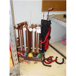 CHILDREN'S SET OF GOLF CLUBS, CROQUET WOODEN SET & HORSE SHOES, ASSORTED SWIMMING POOL TOYS, MOTOR S