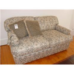 N.C. SCHOONBECK GRAY AND TAUPE LOVESEAT AND PILLOWS