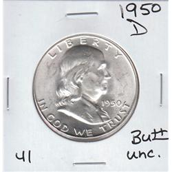 FRANKLIN BU++ 1950 d FLASHY UNCIRCULATED HALF DOLLAR