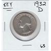 Image 1 : 1932 D WASHINGTON QUARTER .25 SILVER KEY DATE