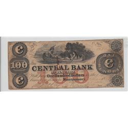 $100 OBSOLETE CENTRAL BANK ALABAMA 1856 TOUGH NOTE