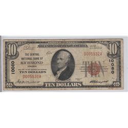 NATIONAL $10 RICHMOND CHARTER 10080 BROWN SEAL 1929