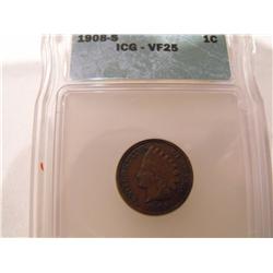1908 S INDIAN HEAD CENT ICG VF 25 KEY DATE