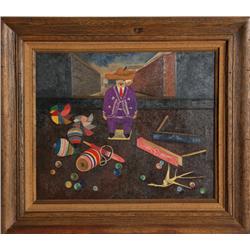 Gustavo Montoya, Man with Toys, Oil Painting