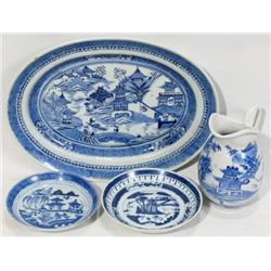 CHINESE CANTON BLUE & WHITE PLATTER, SAUCERS, & PITCHER