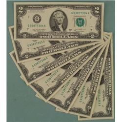 7) 2003 A Consecutive $2 Bills G Mint Notes Chicago CU