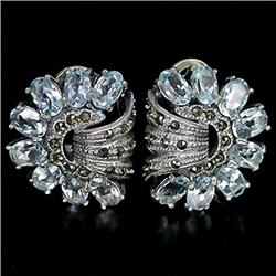 64ctw Blue Topaz-Marcasite Sterling Earrings  (JEW-2288)