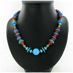 207ct Turquoise Red Coral & Nickel Bead Necklace (JEW-2170)