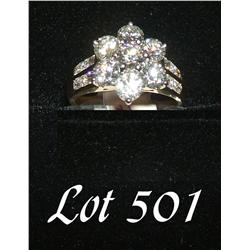 Ladies 18kt yellow gold diamond cluster ring with channel set diamonds on side