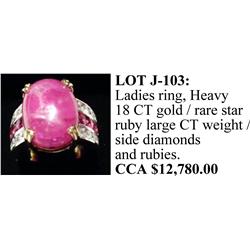 J- 103 Ladies 18 kt yellow gold cabochon cut ruby/diamond ring - appraisal $12,780.00