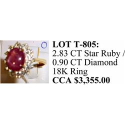 Lot# T-805 Ladies 18 kt yellow gold ruby/star sapphire/diamond ring - appraisal $3,355.00