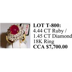 Lot# T-800 Ladies 18 kt yellow gold, cabochon cut ruby/diamond ring - appraisal $7,700.00