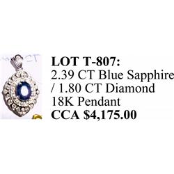 Lot# T-807 Ladies 18 kt white gold blue sapphire/diamond pendant - appraisal $4,175.00.