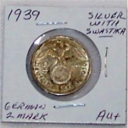 1939 German 2 Mark w/ Swastika. AU+ Cond.