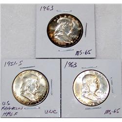 (3x the Money) Franklin Halves. UNC-MS65. 1951-S, 1963 (2).