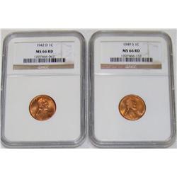 (2x the Money) Lincoln Cents. Certified NGC MS66RD. 1949-S, 1942-D.