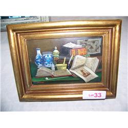 Vintage Oil on tin Still life w/ Old Books, Pipe,Maps &etc. Signed lower left( 5.5T X 8W). Framed