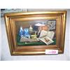 Image 1 : Vintage Oil on tin Still life w/ Old Books, Pipe,Maps &etc. Signed lower left( 5.5T X 8W). Framed