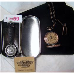 (2X$) 2 Watches (1.) HARLEY DAVIDSON WRIST WATCH w/ Leather Band in case (1.) OMEGA Pocketwatch
