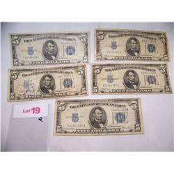 (5x$) $5 Silver Certificates Excellent Condition Series 1934 Blue Label