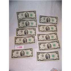 (10X$) $2 Federal Reserve Notes CU 64 Condition 2 sequences First Day Issue