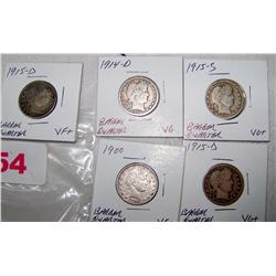(5x$) BARBER QUARTERS VG-VF+ 1900,1914-D,1915-D,1915-S