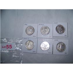 (6x$) WALKING LIBERTY HALVES XF+ TO BU (2)1942,1943,1943-S,1944-S,1945-S