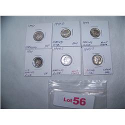 (6x$) MERCURY DIMES VF-MINT STATE 1934,1941,1941-D,1942,1943-S,1944-S
