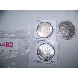 (3x$) MORGAN SILVER DOLLARS 1878-CARSON CITY VF+;1899-O MS 63, 1880-S MS 63