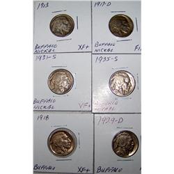 (6x$) BUFFALO NICKELS "KEY DATES" FINE-AU+ 1913,1917-D,1918,1929-D,1935-S,1931-S