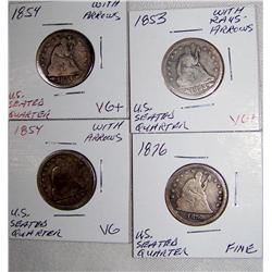 (4x$) SEATED QUARTERS V6-FINE 1854(2), 1853,1876