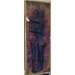 Mutatshi Hand painted hammered copper Bas relief of Kissing tribal couple 6ft 7in x 32.5  Moore Coll