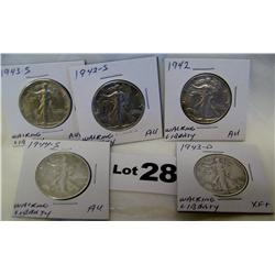 (5X$) Walking Liberty Halves XF+-AU+ 1942,1942-S,1943-D,1943-S,1944-S