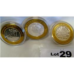 (3x$) .999 FINE SILVER CASINO STRIKES, LIMITED EDITION,CAESARS PALACE, RIO, MIRAGE $10 GAMING TOKENS