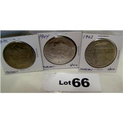 (3x$) 3 MORGAN SILVER DOLLARS 1890-CARSON CITY, 1903 AU+, 1904 AU+