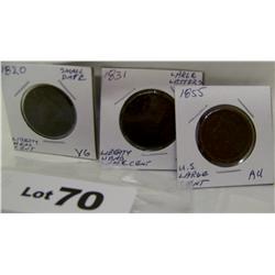 (3x$) U.S LARGE CENTS VG-AU 1820,1831,1855