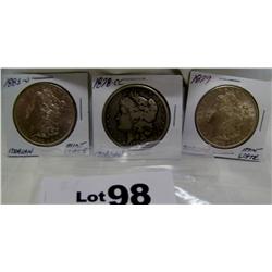 (3X$) 3 MORGAN SILVER DOLLARS 1878-CARSON CITY(1ST YEAR); MINT STATE 1879;1883-O