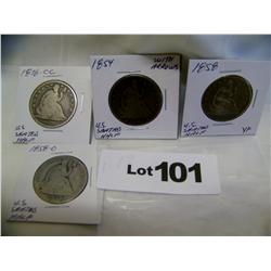 (4x$) U.S SEATED HALVES CC INCLUDED, 1854,1858,1858-O,1876-CC